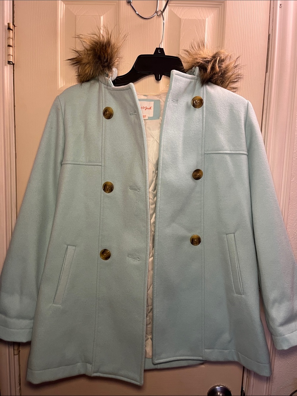 Kids Mint Pea Coat with Faux Fur Trim
